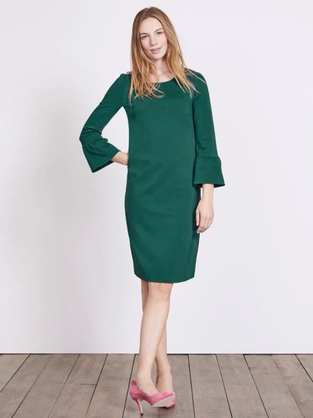 Boden Lavinia Dark Green Bell Sleeve Ponte Shift Dress Size 14